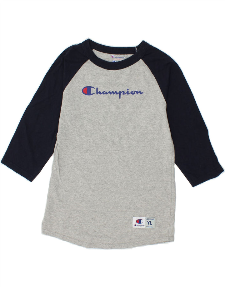 CHAMPION Boys Graphic Top 3/4 Sleeve 11-12 Years Large Grey Colourblock Vintage Champion and Second-Hand Champion from Messina Hembry 