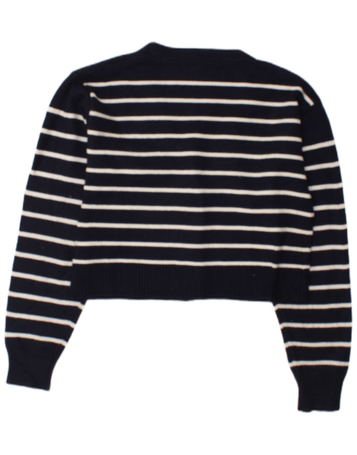 Zara Dame Cardigan Sweater UK 12 Medium Navy Blue Stribet Viscose