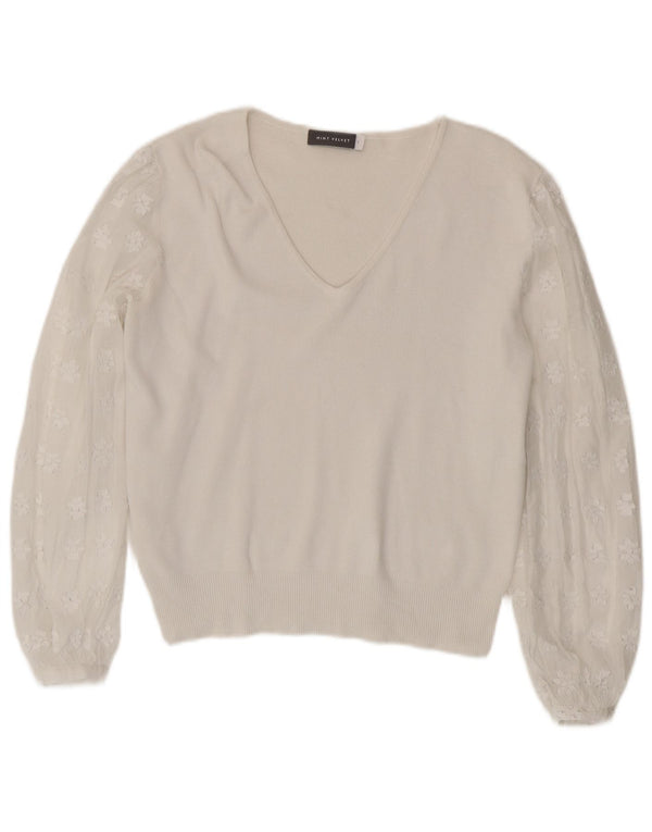 MINT VELVET Dame V-hals sweater UK 10 Small White Floral Modal