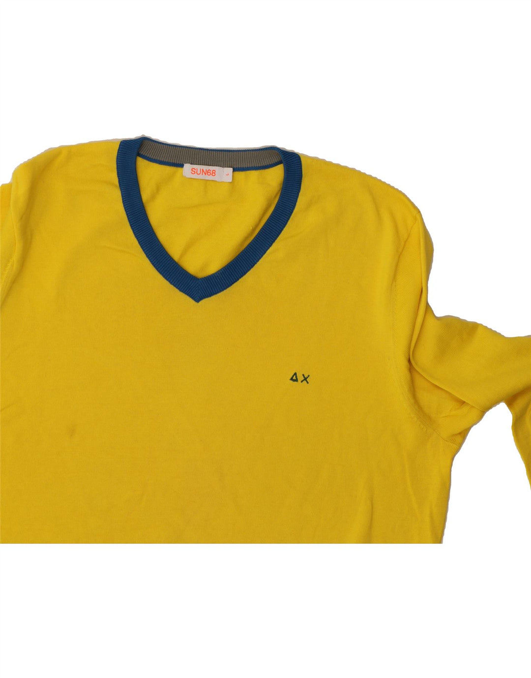 SUN68 Mens V-Neck Jumper Sweater Large Yellow Colourblock Cotton Vintage Sun68 and Second-Hand Sun68 from Messina Hembry 