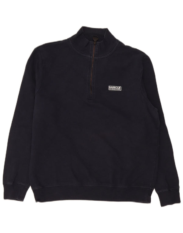 Barbour Dame Zip Neck Sweatshirt Jumper UK 16 Large Navy Blue Bomuld