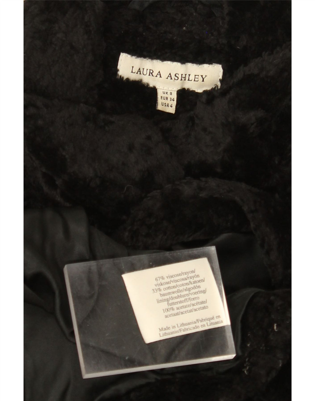 LAURA ASHLEY Dame imiteret Pels Overfrakke UK 8 Small Black Viscose