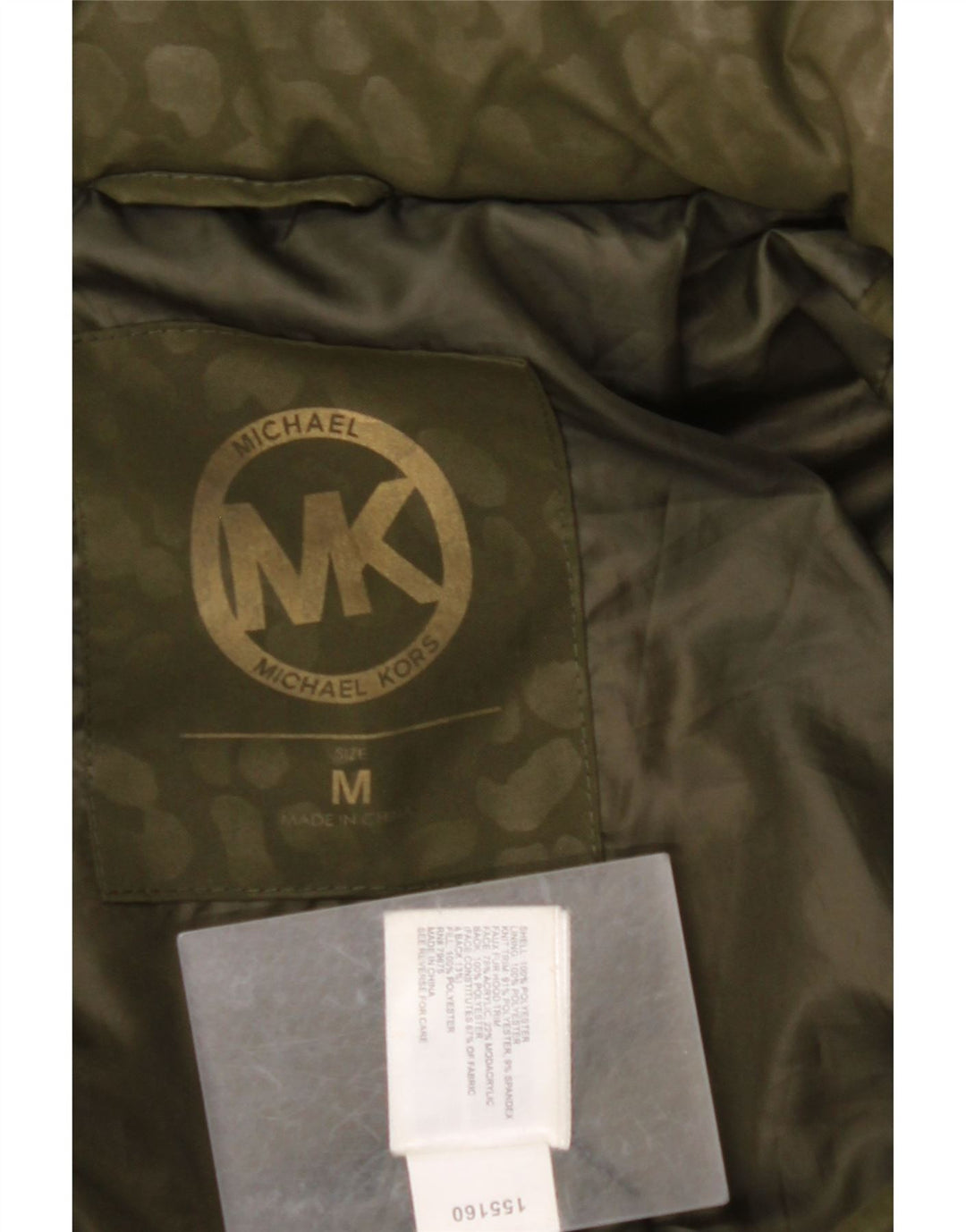 MICHAEL KORS Dame hætte polstret frakke UK 14 Medium Khaki Animal Print