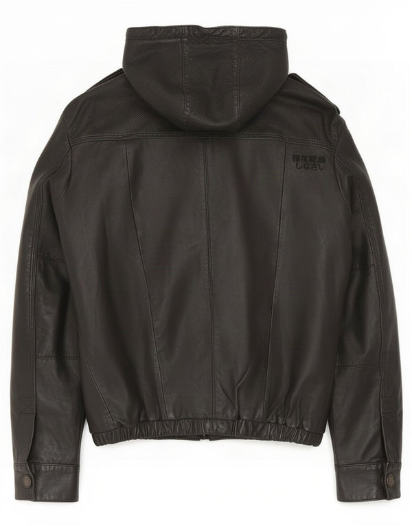 Superdry Mens Military Hooded Leather Jacket UK 38 Medium Black