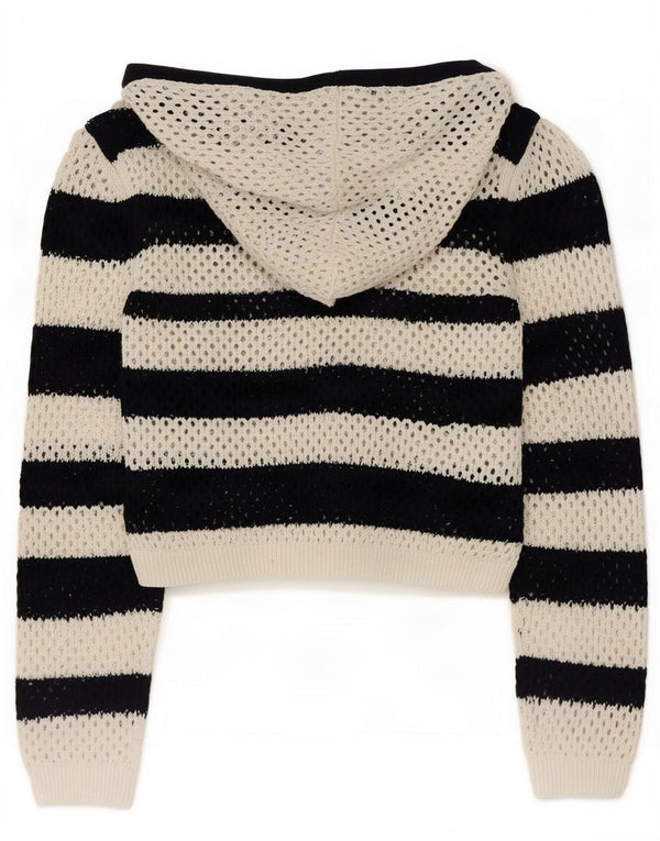 Zara Womens Crop Hæklet trøjetrøje UK 14 Medium Sort Stribet