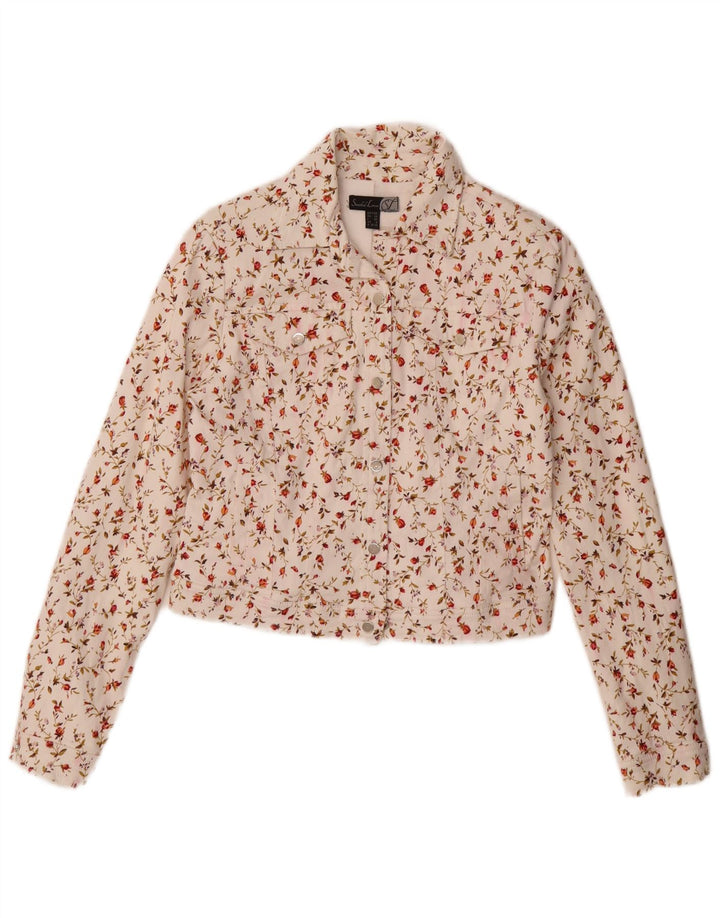 Smashed Lemon Womens Crop Bomber Jacket UK 10 Small White Floral Cotton