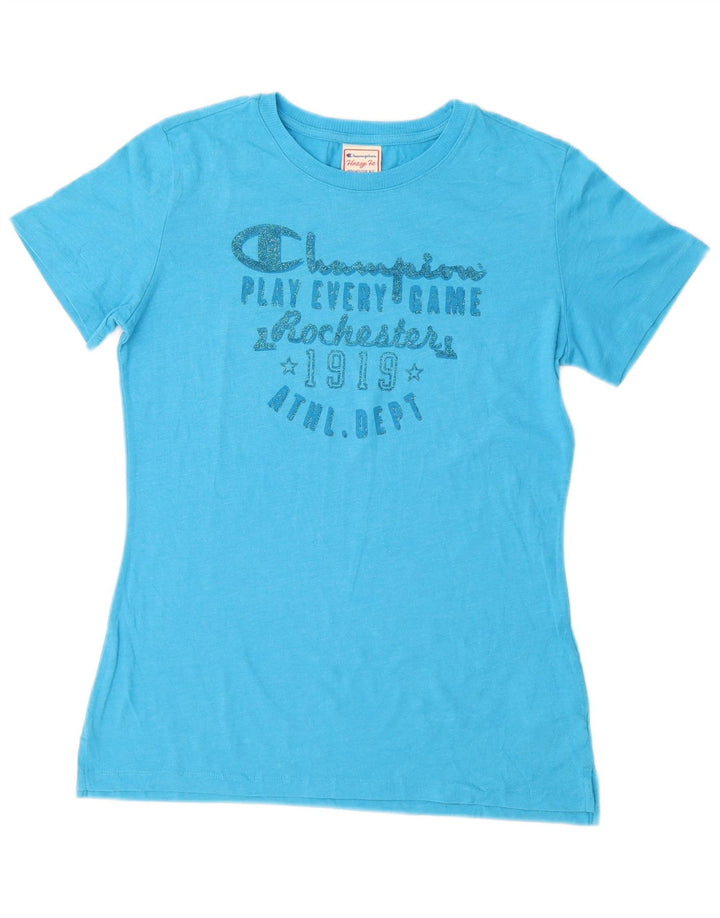 CHAMPION Dame Heritage Fit Grafisk T-Shirt Top UK 14 Stor Blå Bomuld