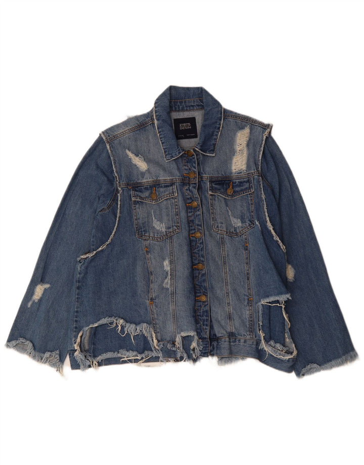 ZARA Dame Distressed Denim Jacket UK 16 Large Blue Cotton