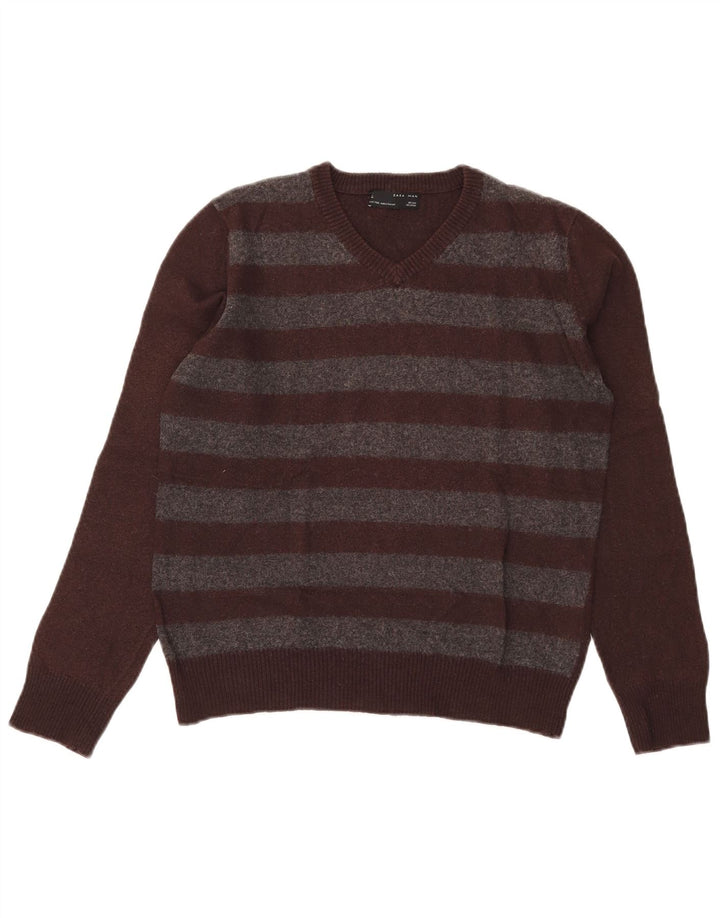 Zara Herre V-hals sweater Medium brun stribet uld