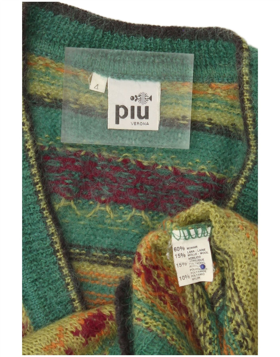 PIU VERONA Dame V-hals sweater UK 14 Medium Green Fair Isle