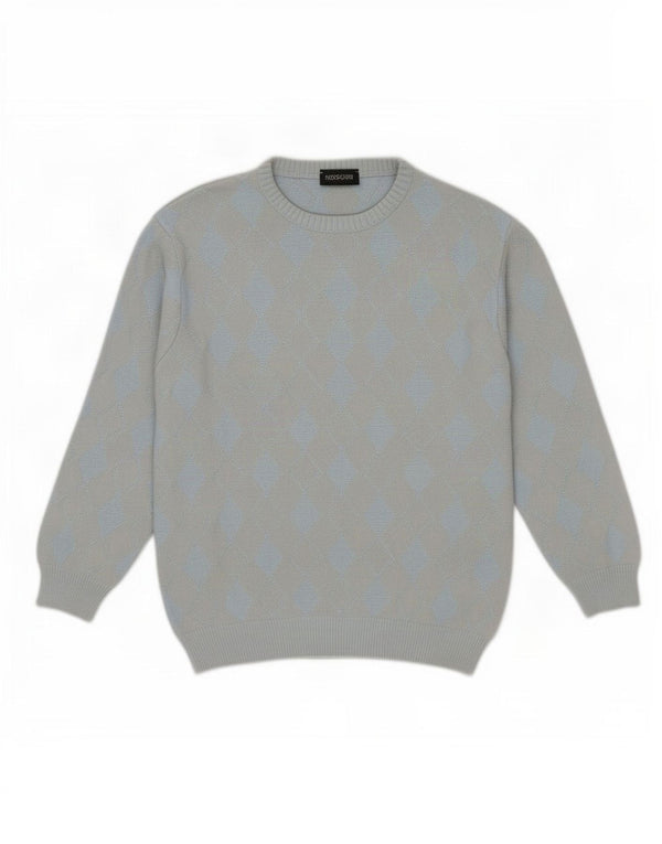 Vintage Mens Crew Neck Jumper Sweater Large Blue Argyle/Diamond Cotton