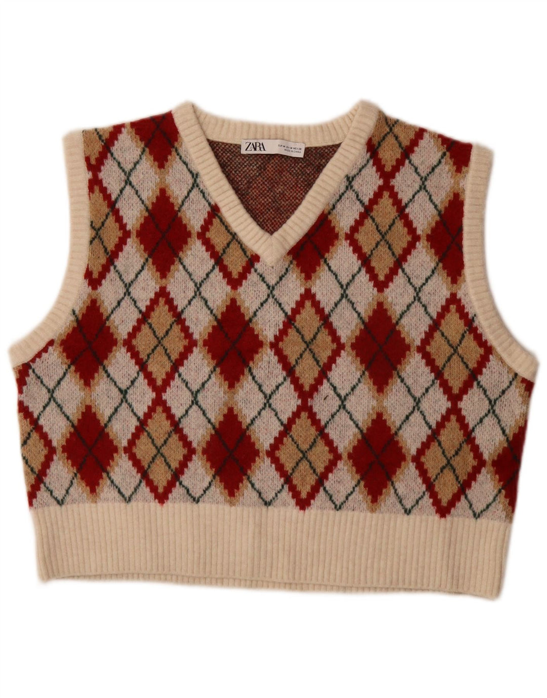 Zara Womens Crop Vest Tank Top UK 14 Medium Multicolored Argyle/Diamond