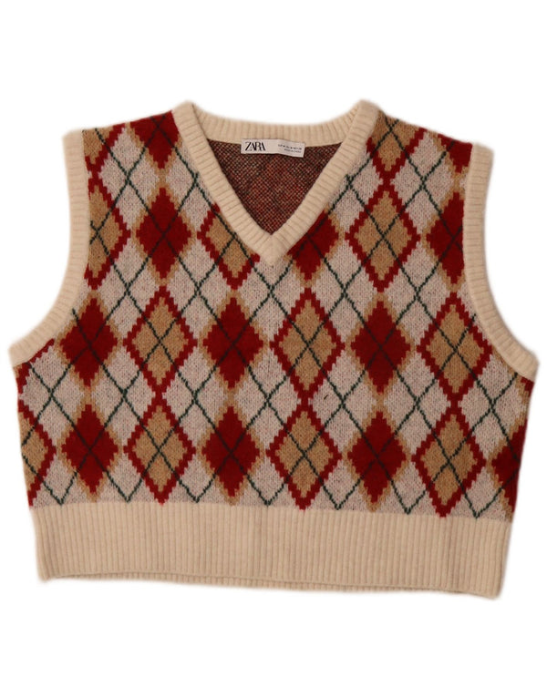 Zara Womens Crop Vest Tank Top UK 14 Medium Multicolored Argyle/Diamond