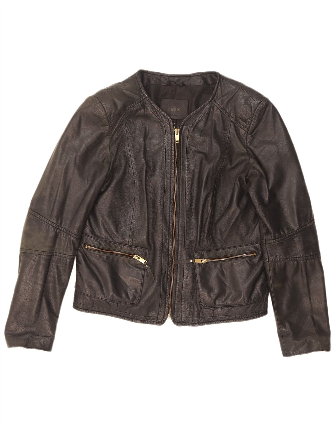 Mango Womens Crop Læderjakke UK 14 Stor sort læder