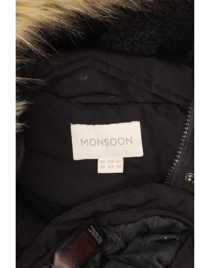 Monsoon Dame Hooded Parka Jacket UK 14 Stor Sort Bomuld