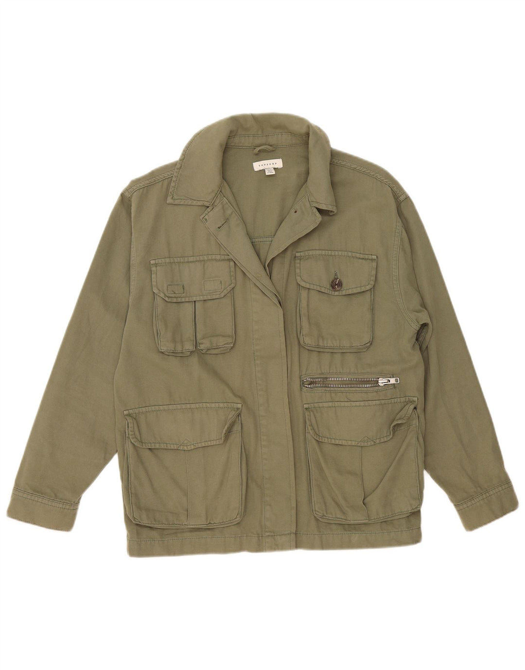 Topshop Kvinder Oversized Utility Jacket UK 10 Small Khaki Cotton