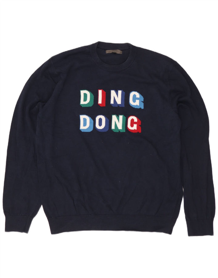 MARKS & SPENCER Herre grafisk rund hals sweater stor marineblå