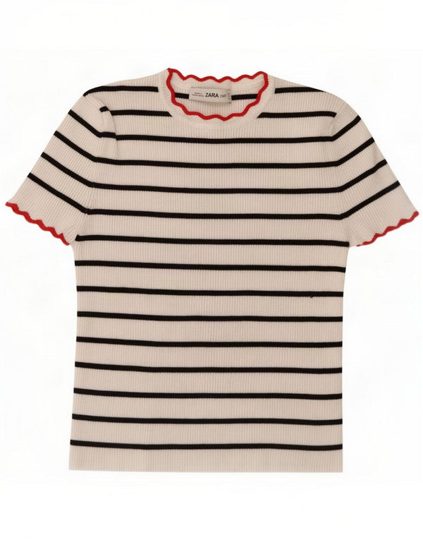 Zara Womens Crop T-Shirt Top UK 10 Small White Striped Viscose
