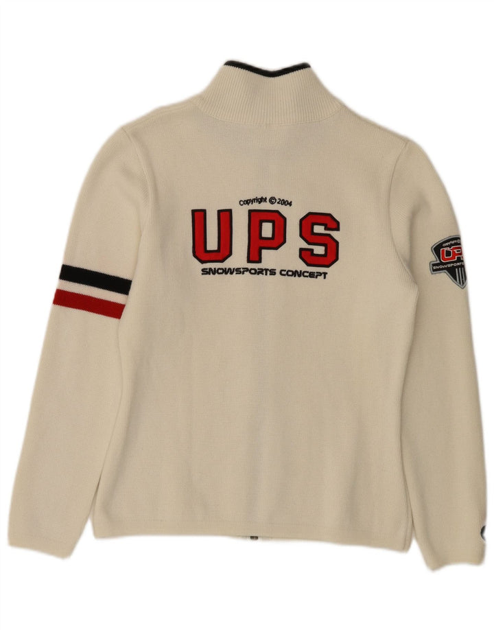 Vintage kvinders grafisk cardigan sweater UK 10 Small Off White