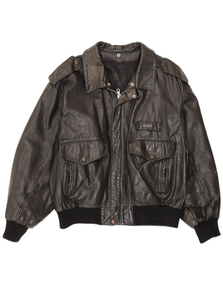 Vintage Herre Military Leather Flight Aviator Jacket UK 38 Medium Black