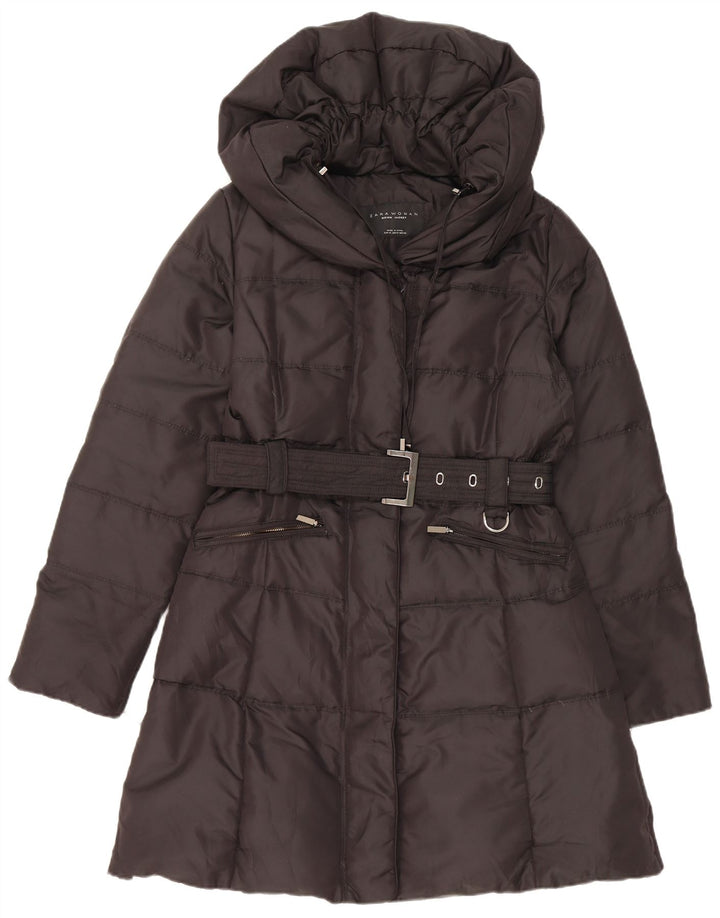 Zara Dame Hætte Polstret Frakke UK 14 Medium Sort