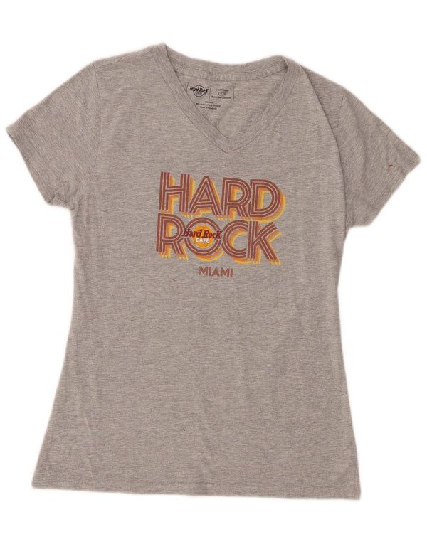 Hard Rock Cafe Dame Miami Grafisk T-Shirt Top UK 12 Medium Grå Bomuld