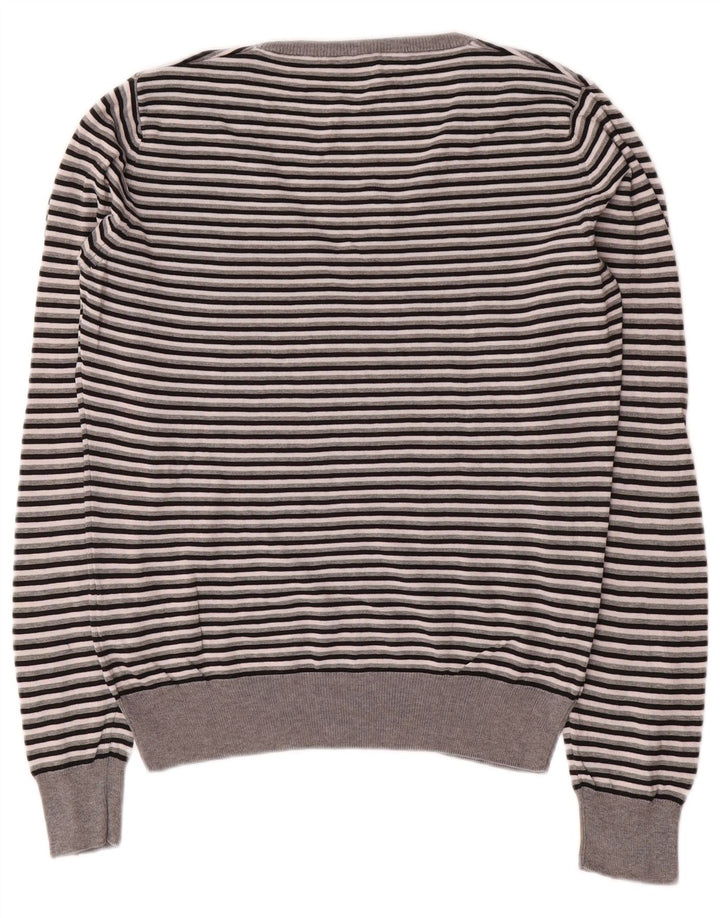 Fred Perry Dame V-hals sweater UK 14 Mellem grå stribet bomuld