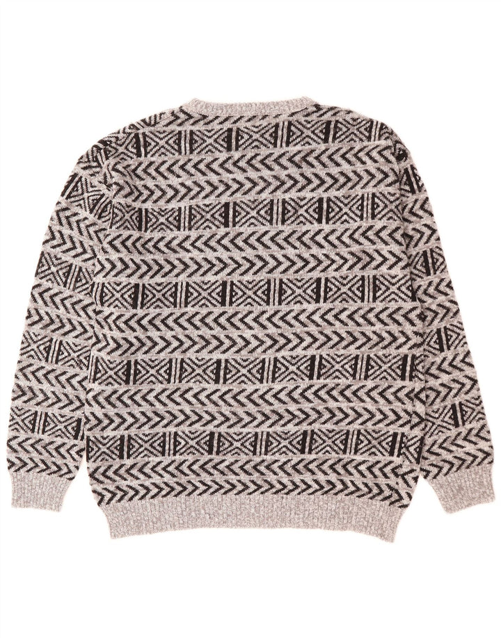 Vintage Herre Boat Neck Jumper Sweater IT 52 Stor Grå Geometrisk