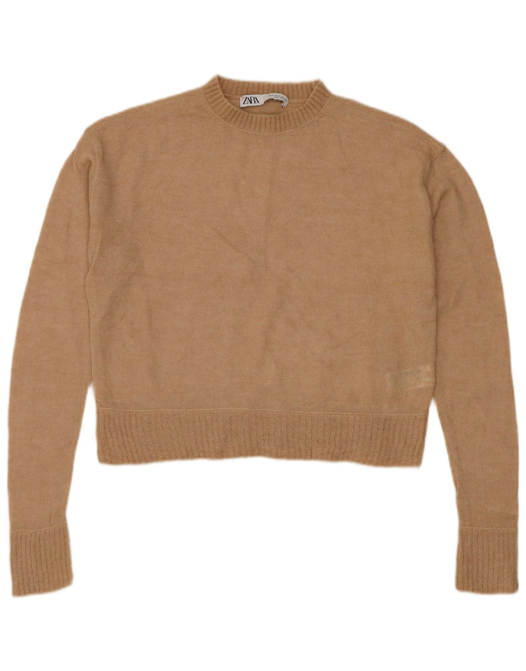 ZARA Womens Crop Crew Neck Jumper Sweater UK 10 Small Beige Uld