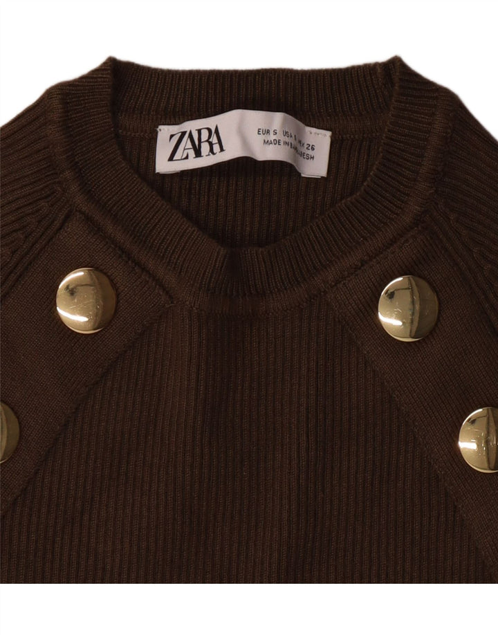 ZARA Dame Crop Crew Neck Jumper Sweater UK 8 Small Khaki