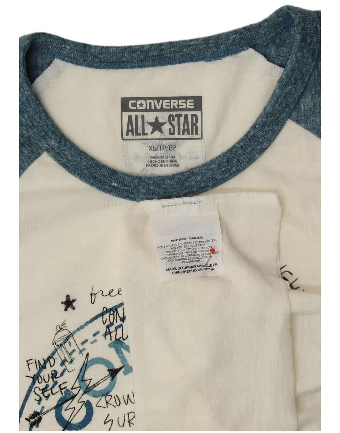 CONVERSE Dame Chuck Taylor Grafisk Top 3/4 ærme UK 6 XS Hvid