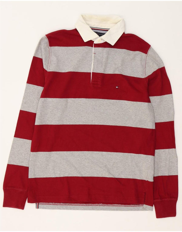 Tommy Hilfiger Mens Long Sleeve Rugby Polo Shirt Small Red Striped Cotton