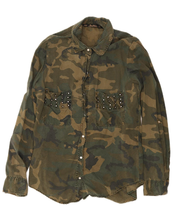Zara Dame Military Denim Shirt UK 14 Large Green Camouflage