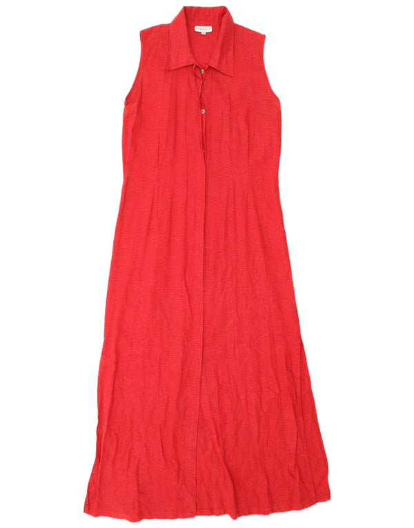 Vintage dame ærmeløs Maxi skjortekjole UK 14 Large Red Linen