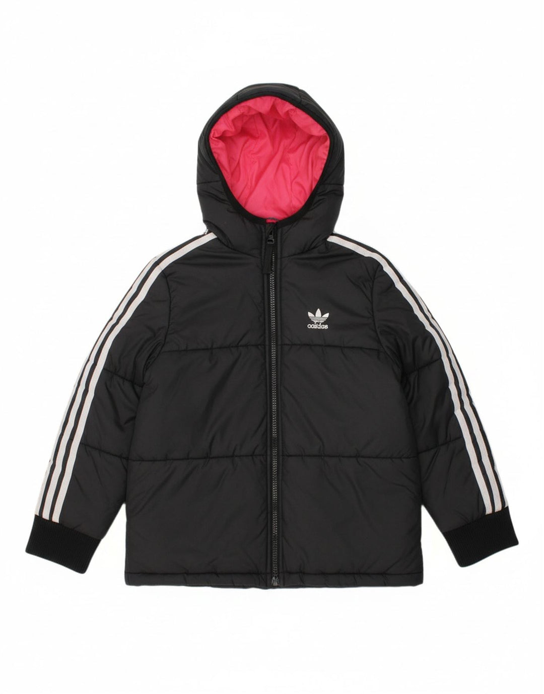 ADIDAS Girls Graphic Hooded Padded Jacket 7-8 Years Black Polyester