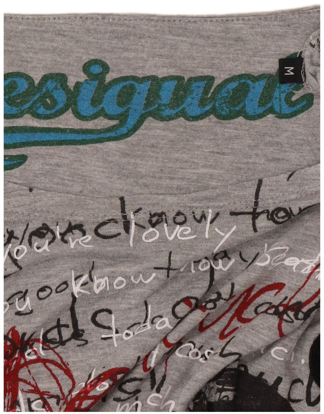 Desigual Dame Grafisk T-Shirt Top UK 14 Medium Grå