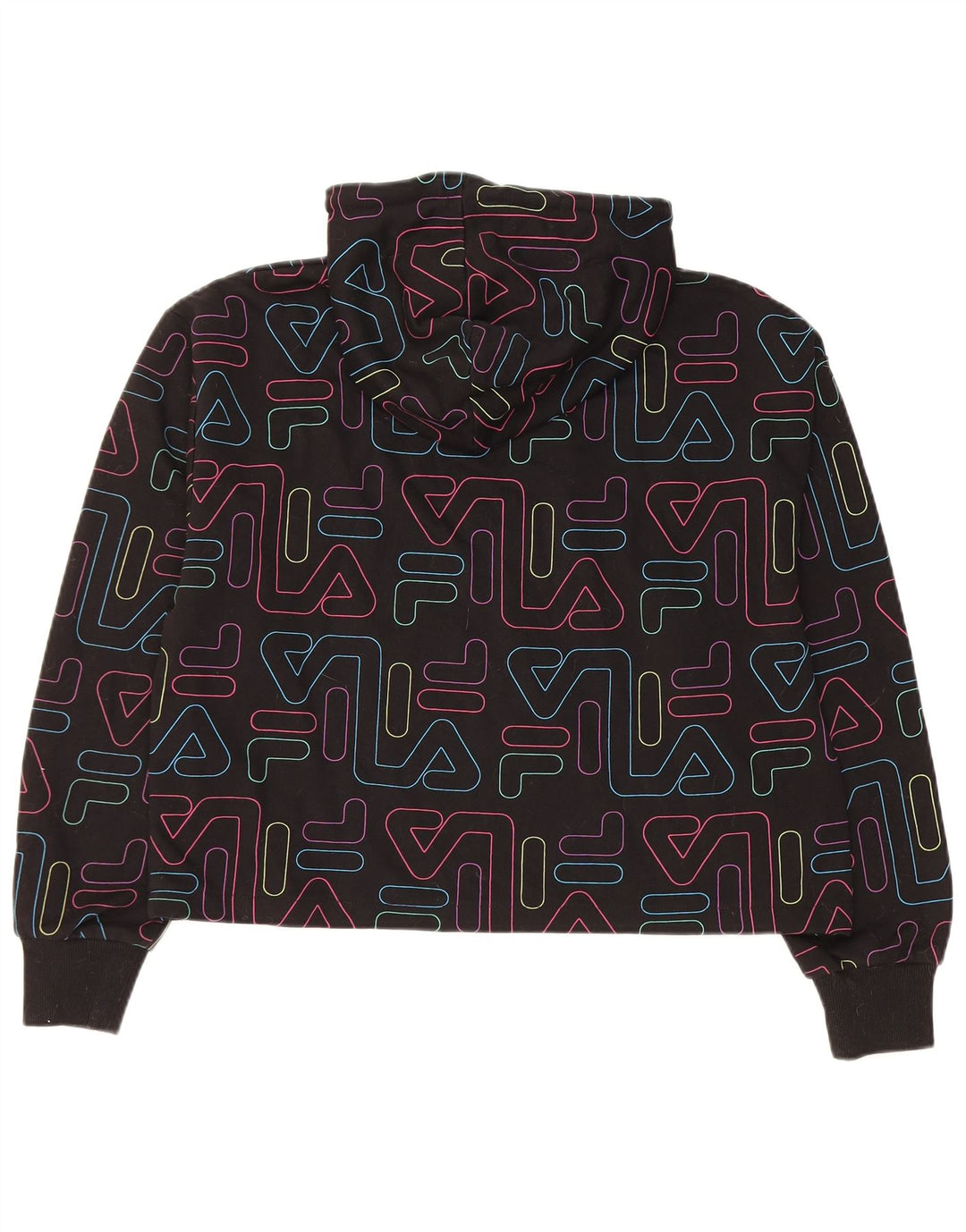 FILA Womens Crop Graphic Hoodie Jumper UK 14 Medium Black Bomuld
