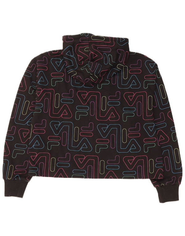 FILA Womens Crop Graphic Hoodie Jumper UK 14 Medium Black Bomuld