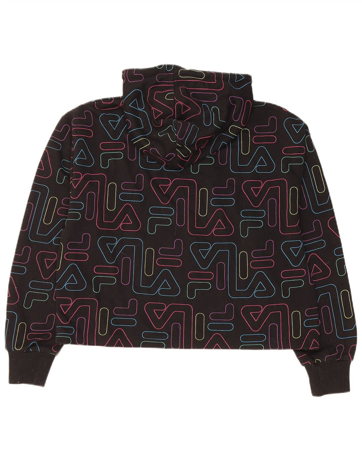 FILA Womens Crop Graphic Hoodie Jumper UK 14 Medium Black Bomuld