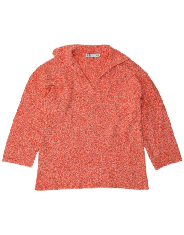 Zara Dame Oversized Polo Neck Jumper Sweater UK 10 Small Orange Flecked