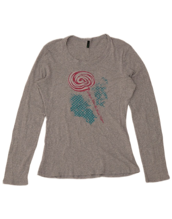 BENETTON Dame Grafisk Top Langærmet UK 16 Stor Grå Flecked Bomuld