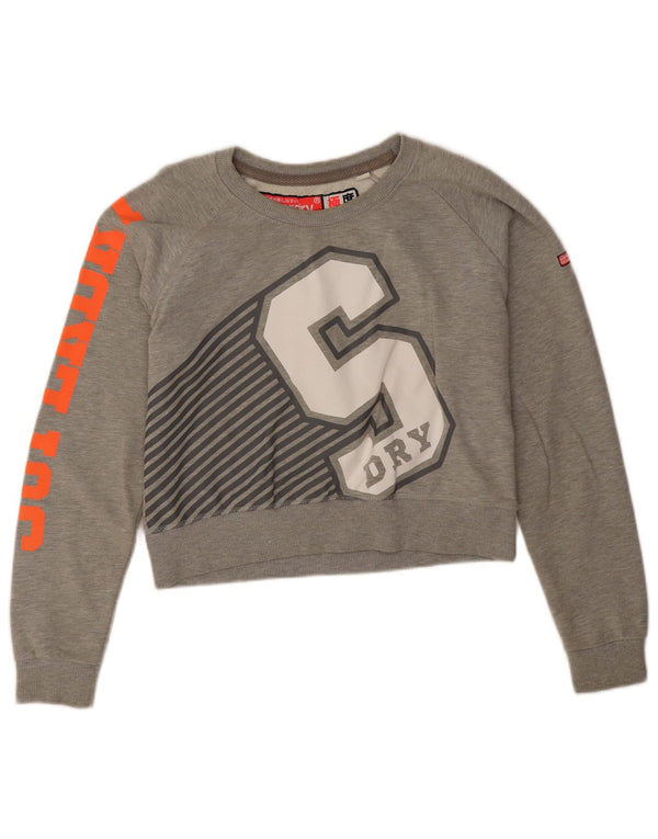 Superdry Womens Crop Graphic Sweatshirt Jumper UK 16 Large Grey Flecked