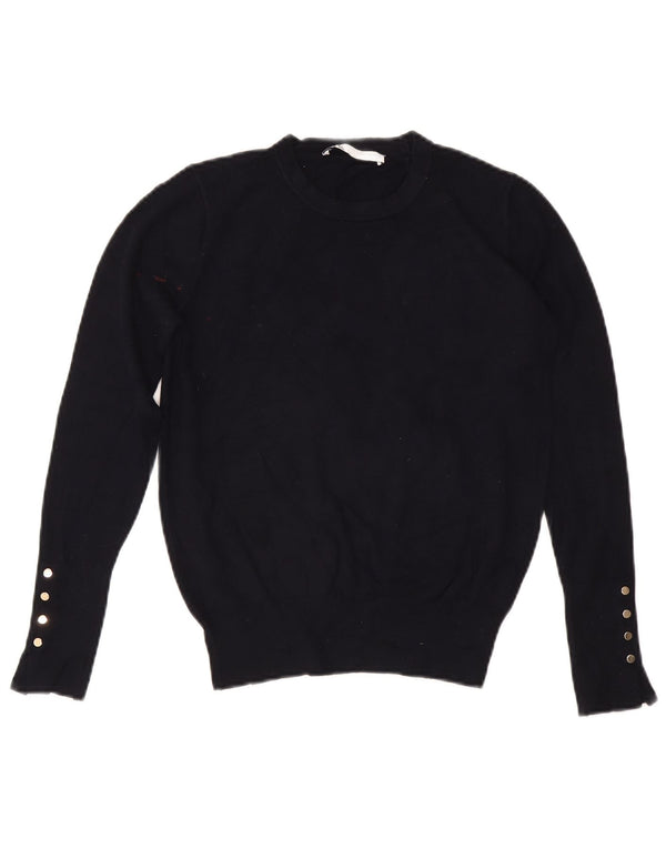 Zara Womens Crop Crew Neck Jumper Sweater UK 12 Medium Navy Blue Viscose