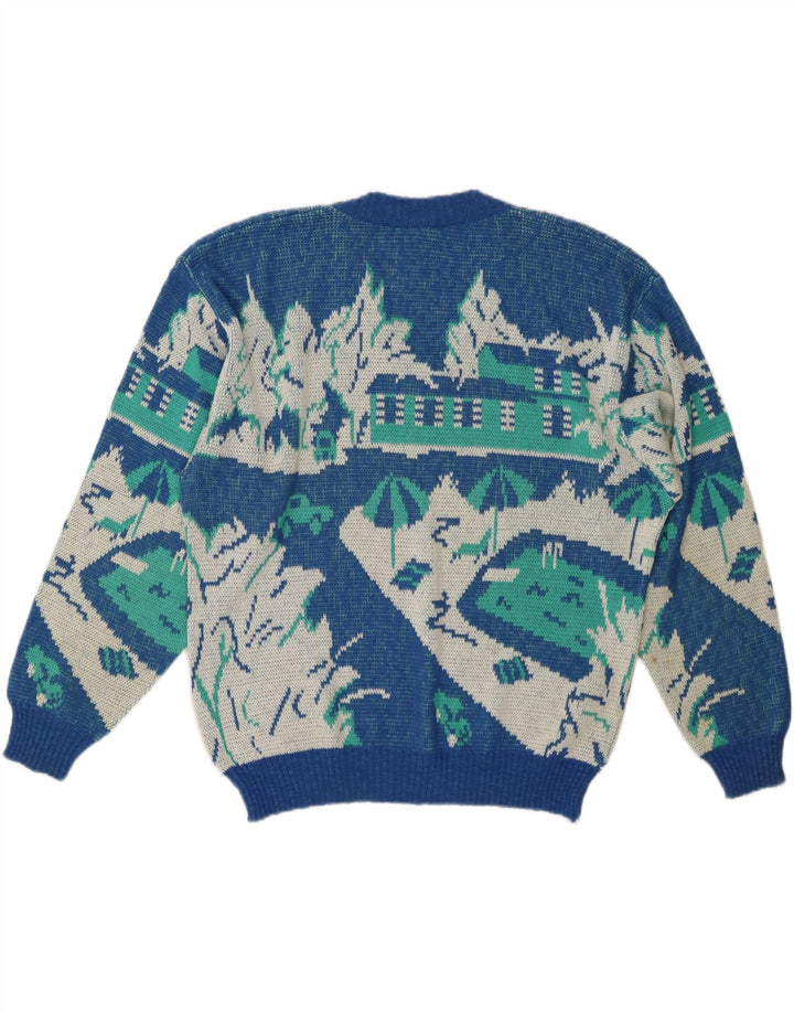 VINTAGE Dame abstrakt mønster V-hals sweater IT 52 2XL Blå