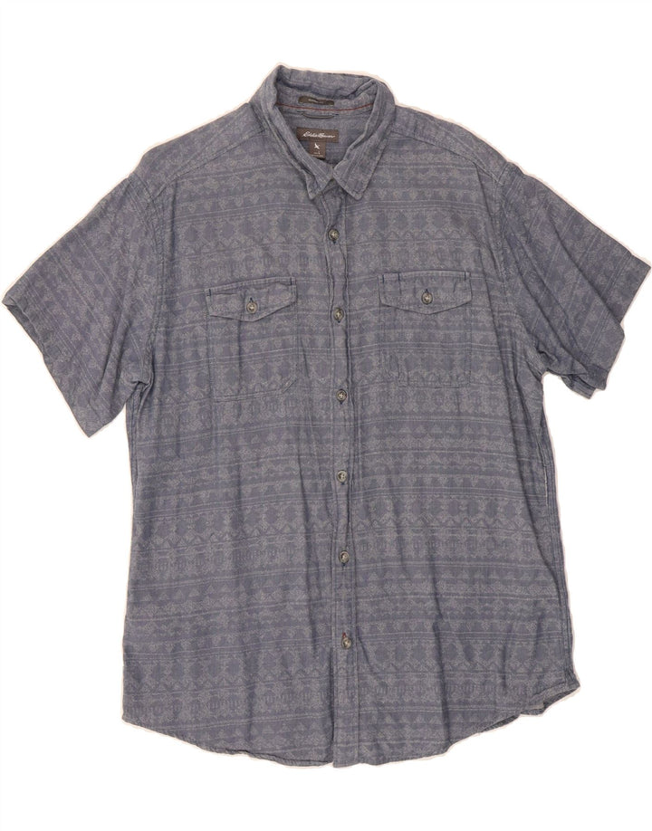 EDDIE BAUER Mens Classic Fit Short Sleeve Shirt Large Blue Fair Isle Vintage Eddie Bauer and Second-Hand Eddie Bauer from Messina Hembry 