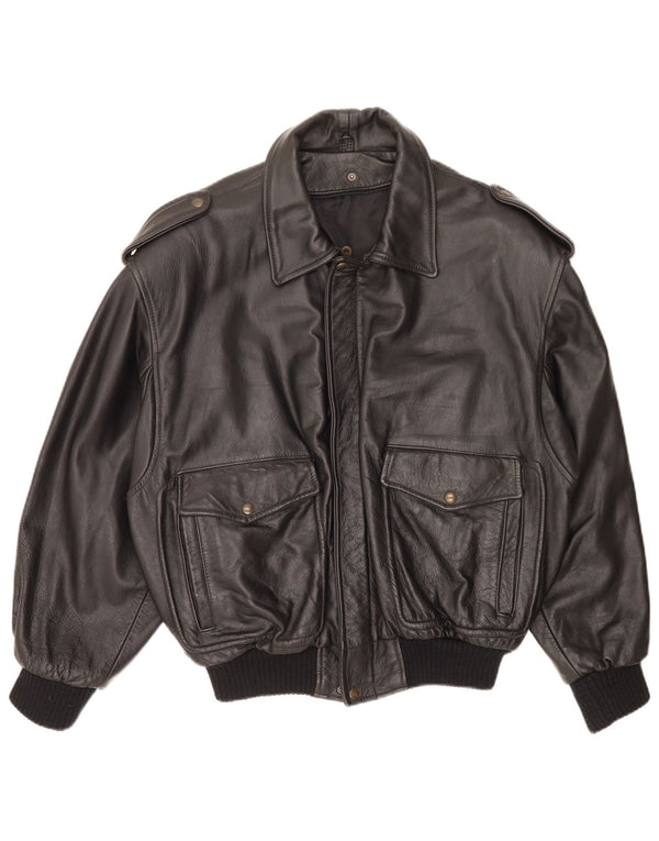 Vintage Herre Military Bomber Jacket IT 48 Medium Sort Læder