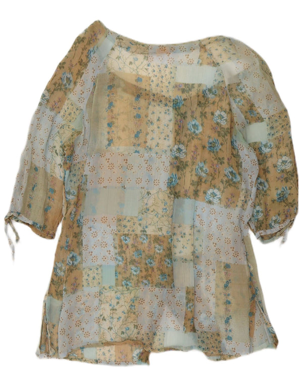 Vintage skjortebluse med 3/4 ærmer til kvinder UK 16 Stor flerfarvet blomster