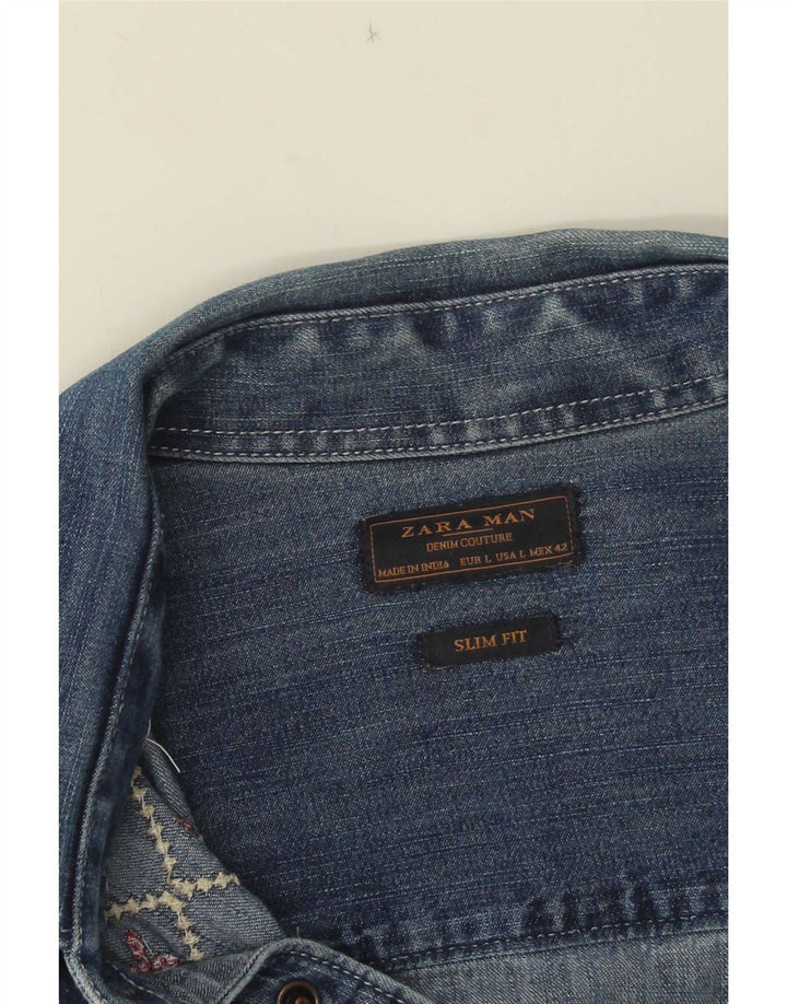 Zara Herre Slim Fit Denimskjorte Stor Blå Geometrisk