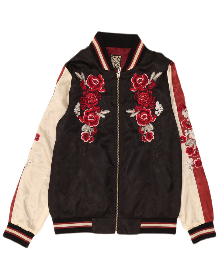 Biba Graphic Bomber Jacket UK 8 Small Black Floral Polyester
