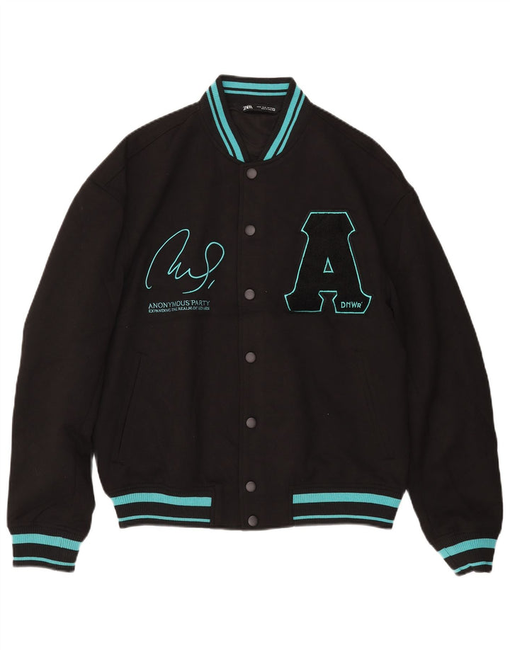 Zara Herre Graphic Varsity Jacket UK 38 Medium Black Polyester